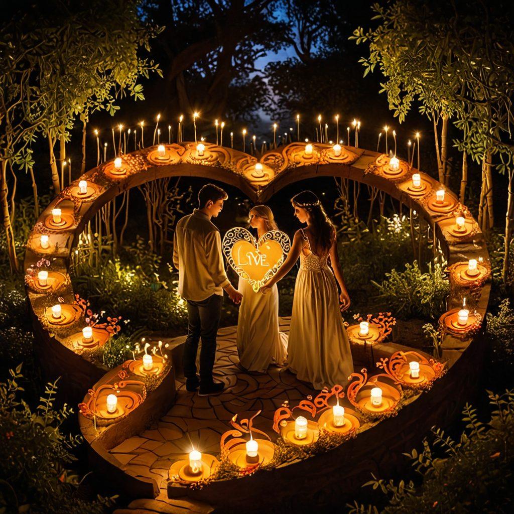 A whimsical, intricate labyrinth symbolizing the journey of love, adorned with heart motifs and glowing candles, with a couple holding hands at the center navigating through, surrounded by swirling vines and butterflies representing trust and desire. The path is lined with soft, warm lights illuminating their way, creating a cozy and inviting atmosphere. surreal art. vibrant colors. romantic ambiance.