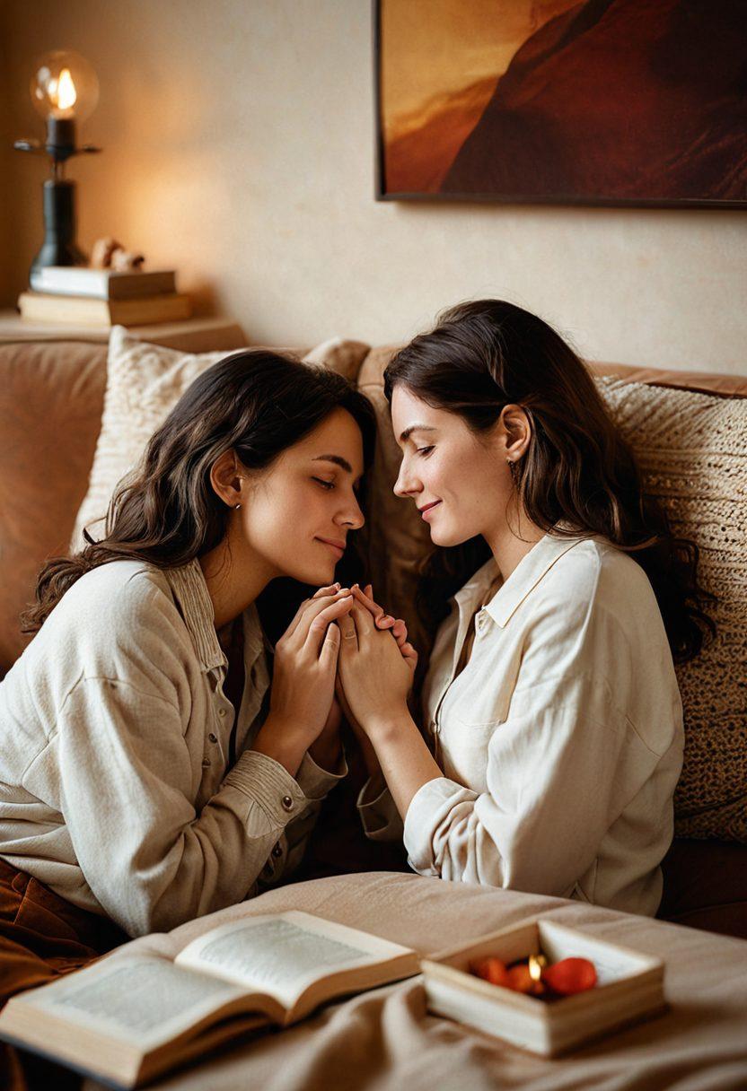 A serene scene of two individuals sitting on a cozy couch, deeply engaged in conversation, surrounded by a warm atmosphere filled with soft lighting and personal mementos symbolizing deep emotional connections. Include elements such as intertwined hands and a heart shape subtly in the background to represent intimacy. The setting is vibrant with earthy tones, exuding warmth and comfort. super-realistic. warm colors. soft focus.