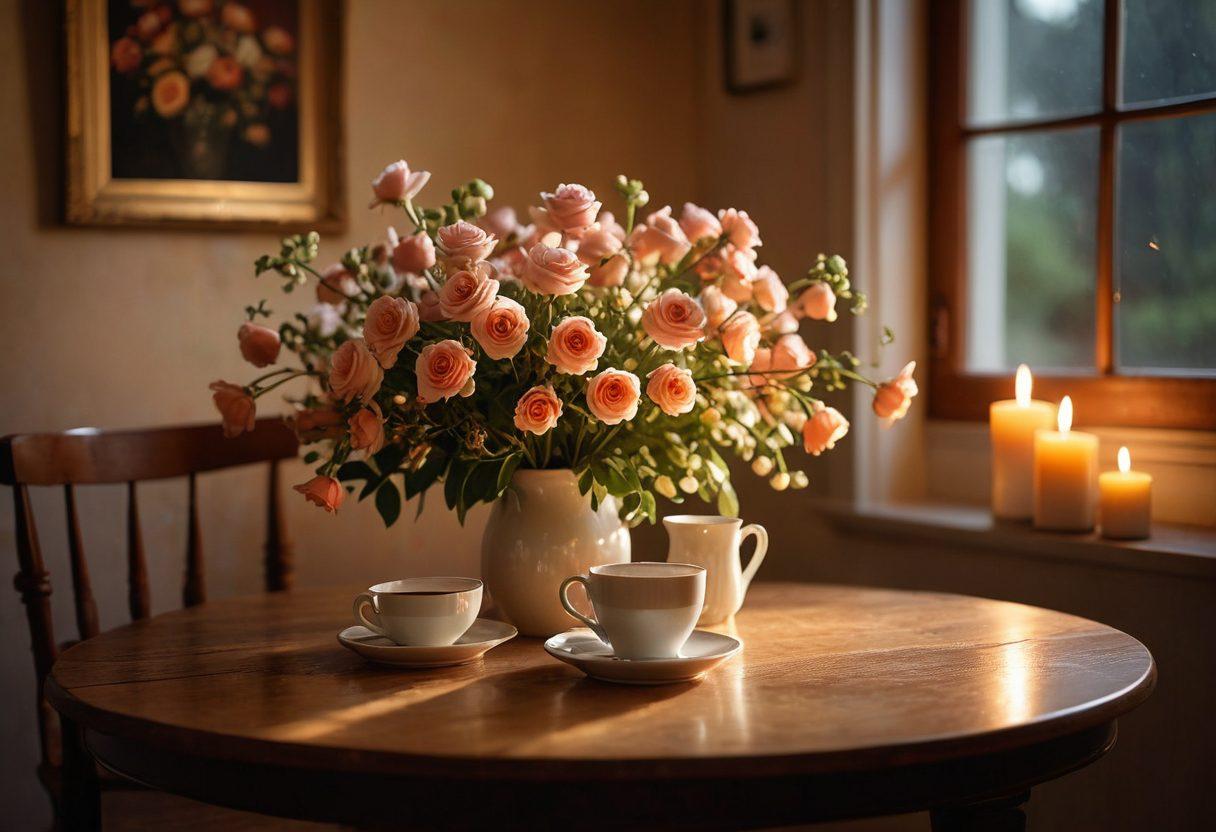 A cozy, intimate setting featuring a couple sitting close together, sharing a laugh over coffee, surrounded by soft candlelight and delicate flowers, symbolizing deep connection and affection. Visually capture a warm, inviting atmosphere that evokes feelings of love and deep intimacy. super-realistic. warm tones. soft focus.